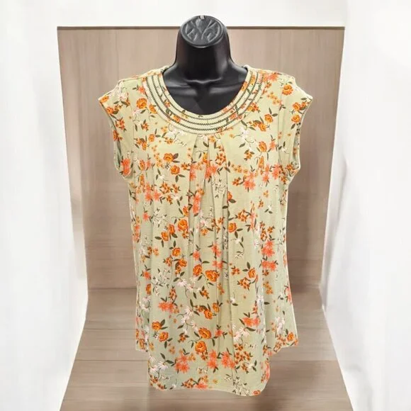 🆑Daniel Rain Green Blouse Orange Floral Size Small Petite - Picture 2 of 9